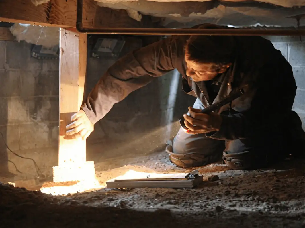 A professional inspecting wooden beams under the floor of a structure in Mobile, AL